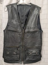 Black Leather Biker Vest With Zipper  Snap Closures 4 Pockets Supple Feel