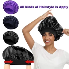 US Women Satin Night Sleep Cap Hair Bonnet Hat Silk Head Cover Wide Elastic Band