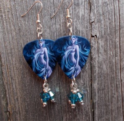 Sexy, Barely Covered Woman Guitar Pick Earrings with Swarovski Crystal Dangles