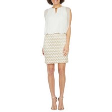 PERCEPTIONS-   Chiffon Blouson Chevron Lace Dress,  size: 8P ,  Ivory & Gold