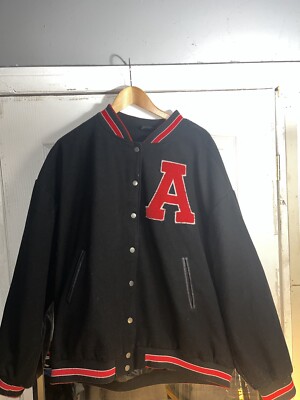 RSQ Varsity Jacket Men XL  Polyester Wool Black Embroidered Lined Snaps