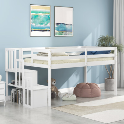 Loft Bed with Staircase, Capacious Space, 2 Storage Optimize Space-saving, White