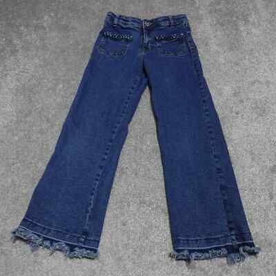Mayoral Jeans Girl's Size 10 Blue Denim Flared Braided Pockets Raw Hem Casual