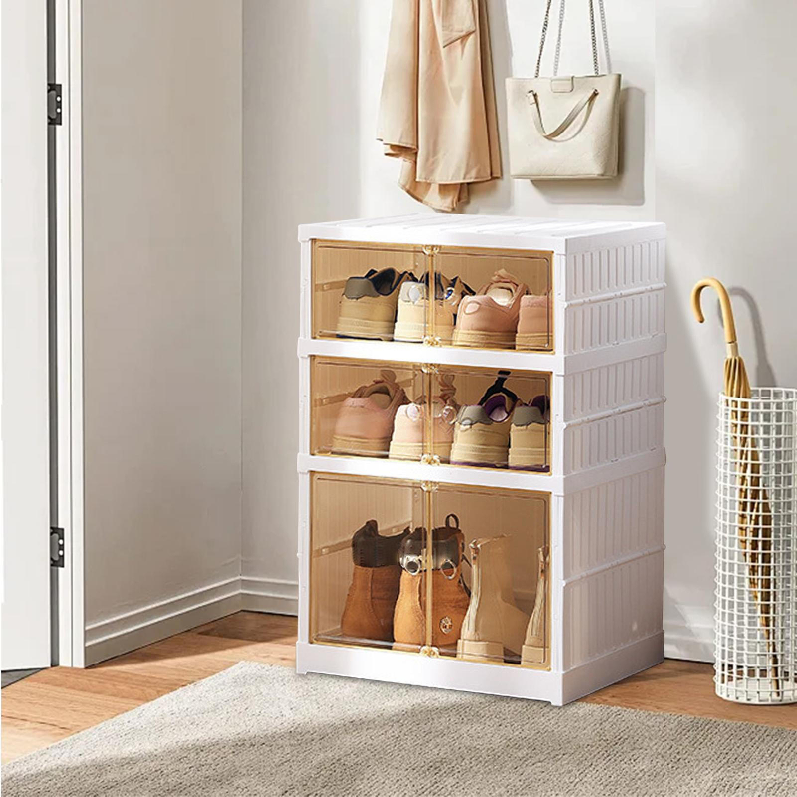 3-Tier Folding Shoe Organizer Storage Box Cabinet Entryway Rack Holds 6 Pairs-image