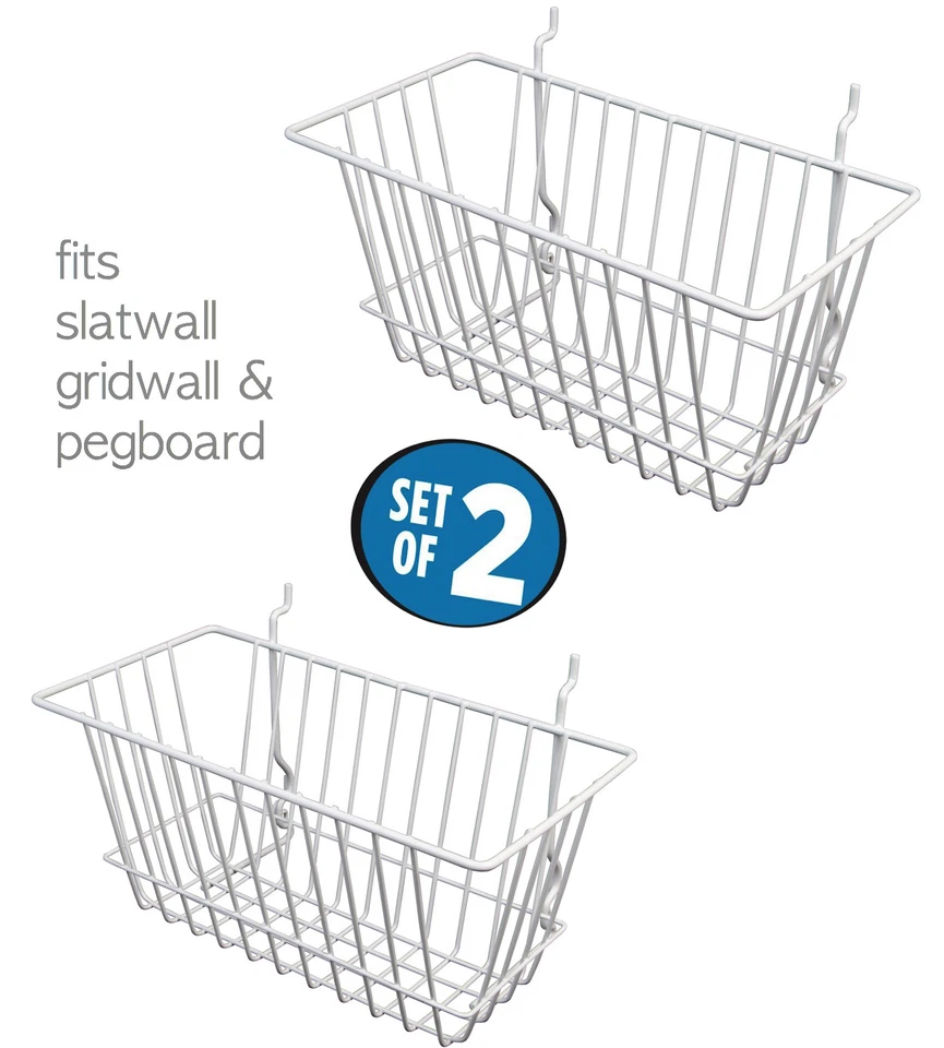 ONLY HANGERS White Wire Baskets for Slatwall, Gridwall and Pegboard 12" x 6" x 6" (Set of 2)