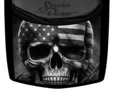 Gray American Flag Over Skull Dark Dusty Truck Hood Wrap Vinyl Car Graphic Decal