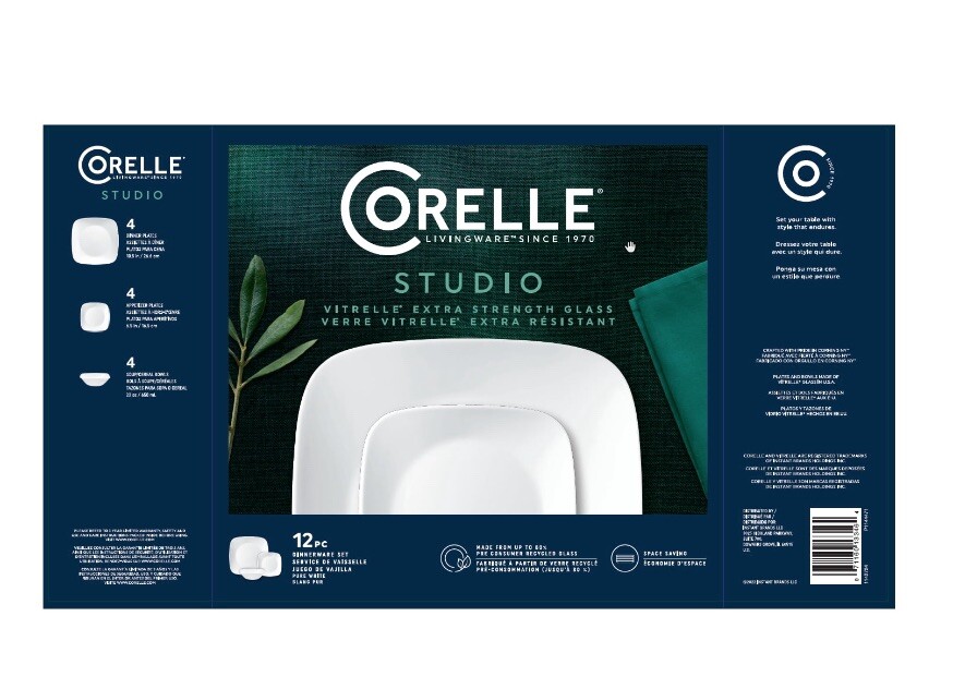 NEW! CORELLE VITRELLE STUDIO PURE WHITE 12 PC. SQUARE DINNERWARE SET