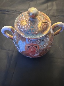 Antique Japanese Satsuma ware Lidded Sugar Bowl Hand Painted Gold Moriage Phoeni