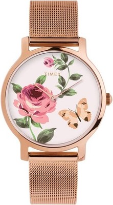 Timex Full Bloom Damenuhr mit weißem Zifferblatt und roségoldenem Armband TW2U19000