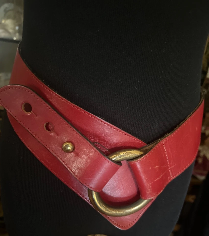 Vintage Metal Anillo Hebilla Ancho Rojo Cadera Cuero Cinturón Años 80 Glam Rock L Boho Foto 2 de 4