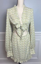 PrettyLittleThing Yellow Floral Print Tie Bust Long Sleeve Bodycon Dress Size S