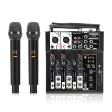 4 Channel Audio Mixer, Karaoke Mixer with Dual Wireless Microphones, Professi...