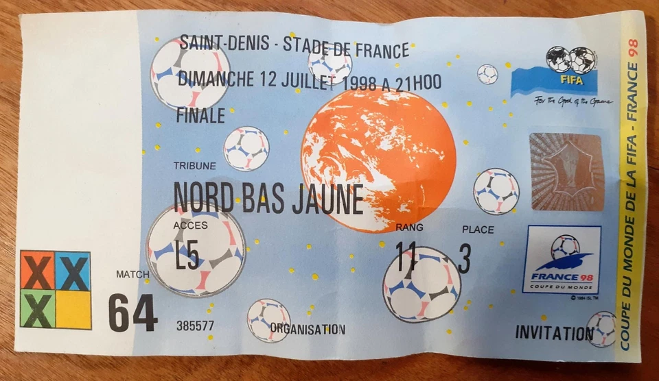 Billet ticket COUPE du MONDE FINALE 1998 - FRANCE 98 Worn + Fête du Football - Photo 1/4
