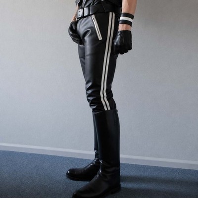 Men's Real Leather Bikers Pants With White Side Stripes Original Leather Pants
