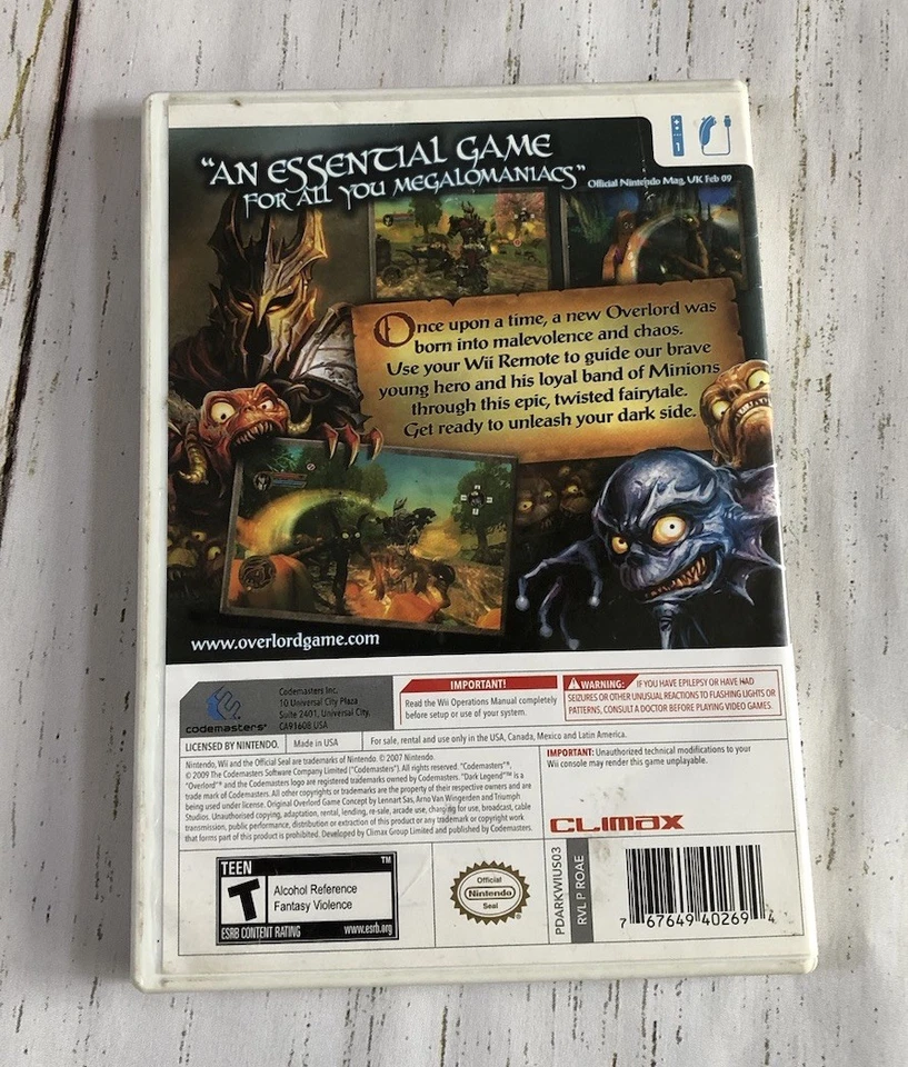 Vintage Nintendo Wii Overlord Dark Legend Strategy Megalomaniac Video Game Works - Image 3 of 3