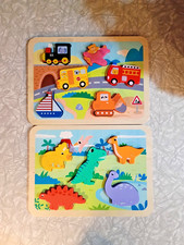 Children's Wooden Puzzles Lot of 2 Dinosaur and Vehicle Themes