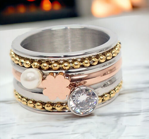 Stainless Steel Rings Women's Bead Tricolor Silver Smooth Lucky Clue Zircon Stone Partner - Picture 3 of 6