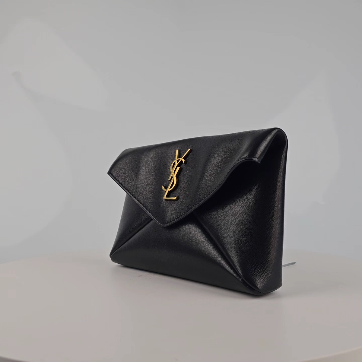 SAINT LAURENT Cassandre Small Black Leather Envelope Pouch Bag New