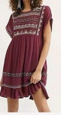 Free People Size M Sunset Wanderer Burgundy Embroidered Boho Mini Dress