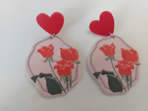 red earrings heart flower cute drop dangle floral irregular shape - Picture 2 of 7