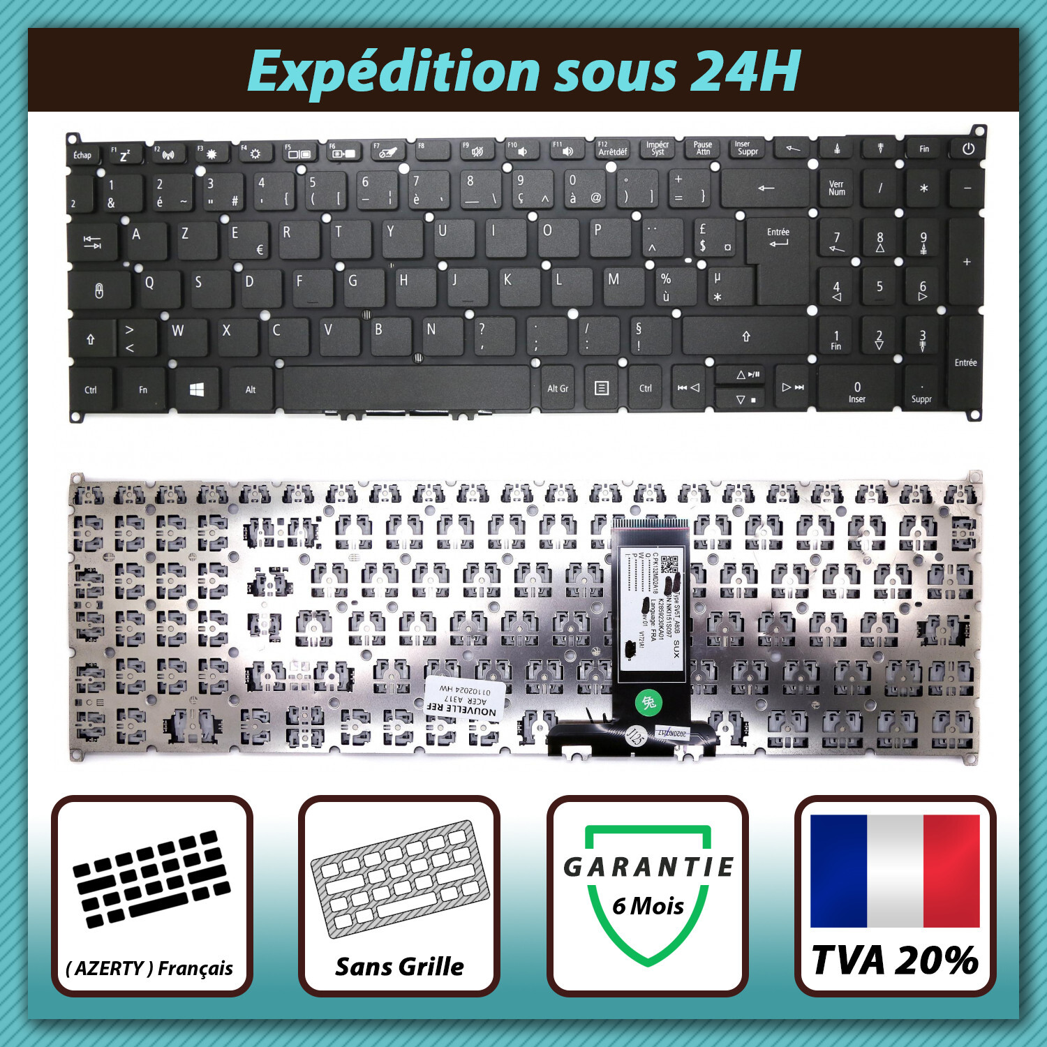 Clavier AZERTY Acer Aspire 3 A317-52 noir de rechange pour ordinateur portable