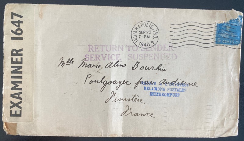 1940 Indianapolis IN Usa Censored Cover To France Airmail Service Suspended