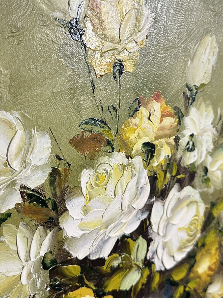 Vtg Oil On Canvas Yellow Roses Floral In Vase Signed K. Hobart