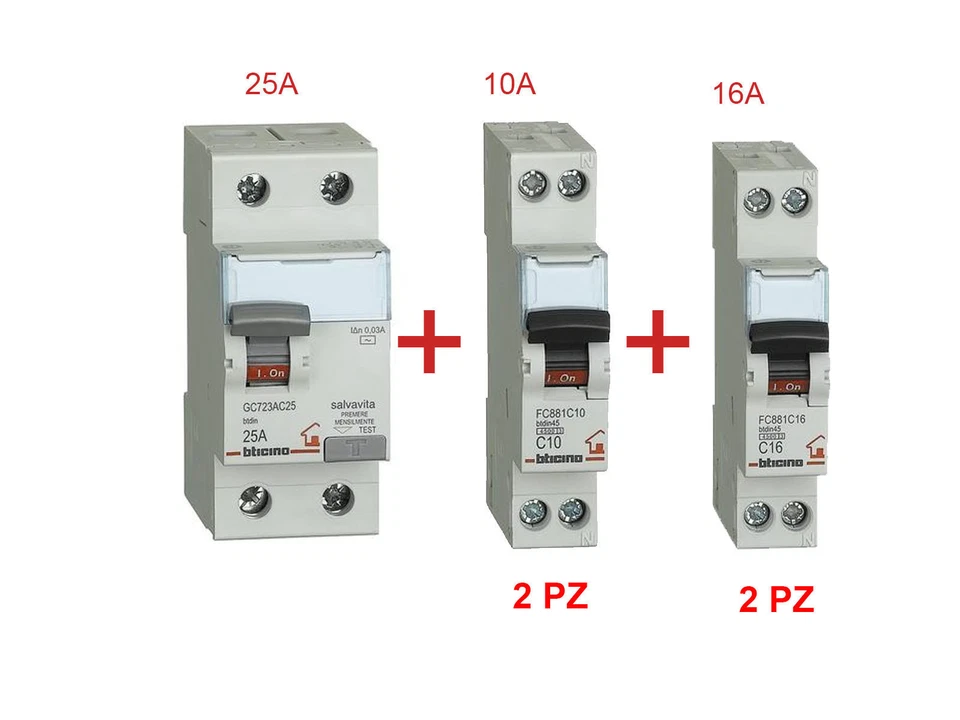 KIT CENTRALINO BTICINO DIFFERENZIALE SALVAVITA + 4 INTERRUTTORI MAGNETOT. 1 MOD