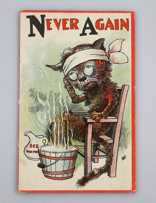Vintage Early Postcard Hungover Hangover Cat Drunk Never Again