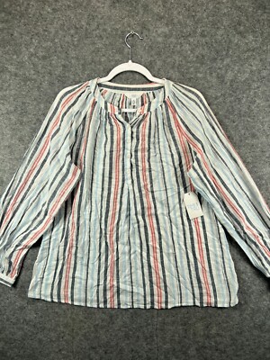 NWT Time & Tru Shirt Womens Small Blue Cove Striped Dobby Top Blouse Long Sleeve