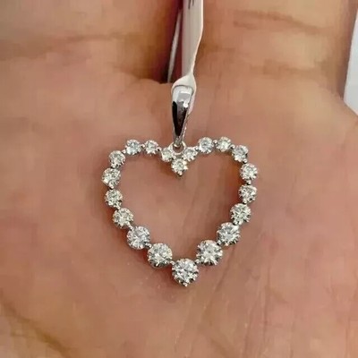 2Ct Round Lab Created Diamond Open Heart Pendant Necklace 14k White Gold Plated