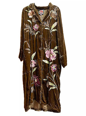 Johnny Was Meriah Velvet Duster Coat Long Floral Embroidery Jacket