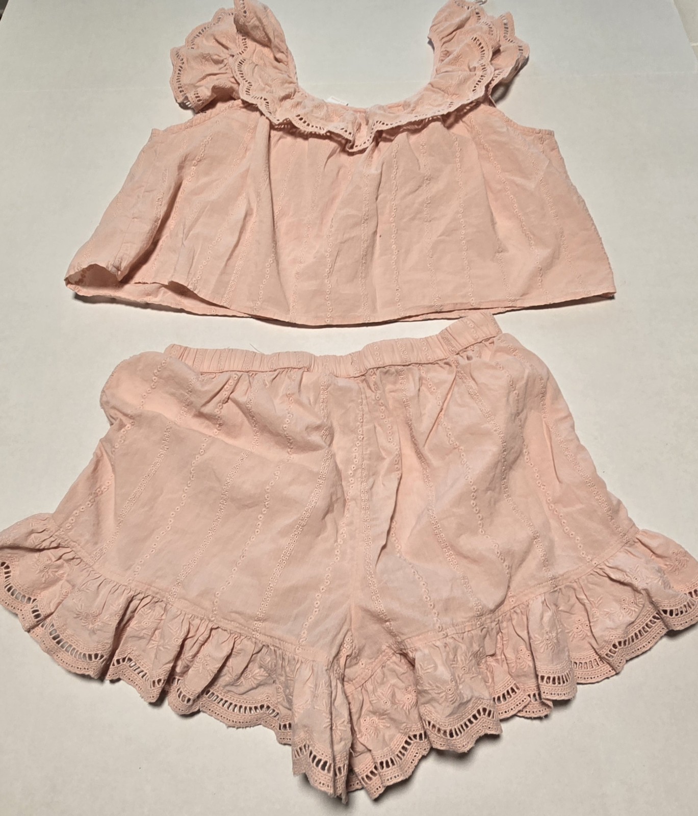 Shabby Chic Womens 2 Piece Pajama Set Size M Pink Eyelet Ruffle Cotton Babydoll