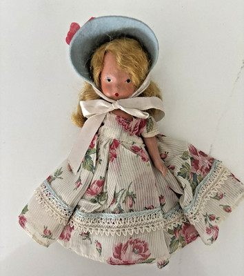 VTG Nancy Ann Storybook Bisque Doll 5.5'' frozen legs hat 1940s NICE Roses ?  #23