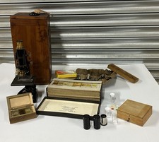 Vintage Bausch & Lomb Brass & Black Microscope in Wooden Case With 70+ Slides