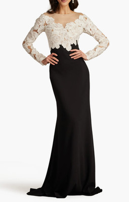 Current Tadashi Shoji Floral Lace Bodice Mixed Media Long Sleeve Gown Sz 6 $518