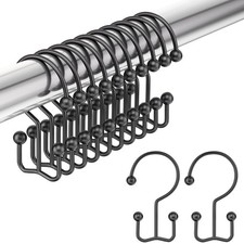 Black Double Shower Curtain Hooks Rings Stainless Steel Bathroom Rod 12 PCS