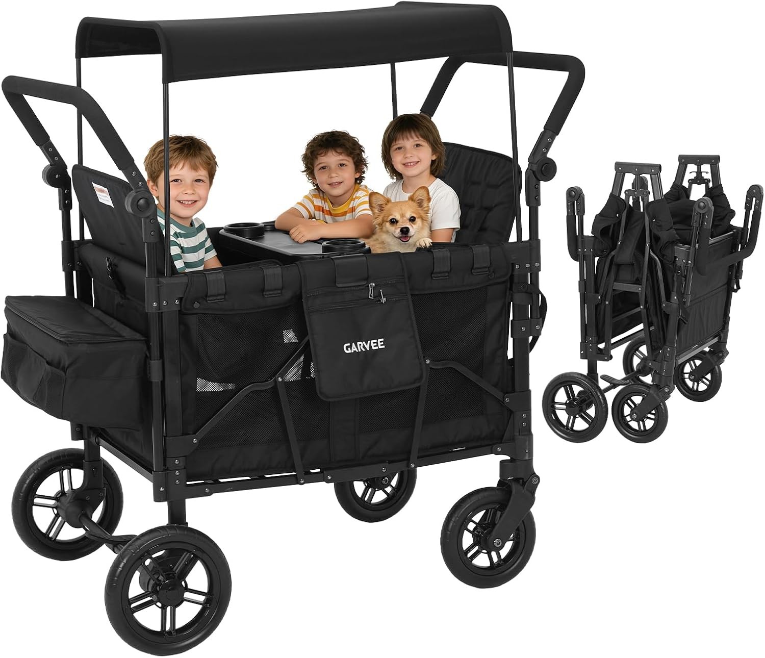 4 Seater Quad Stroller Wagon 4 Kids Adjustable Push/Pull Handle Removable Canopy