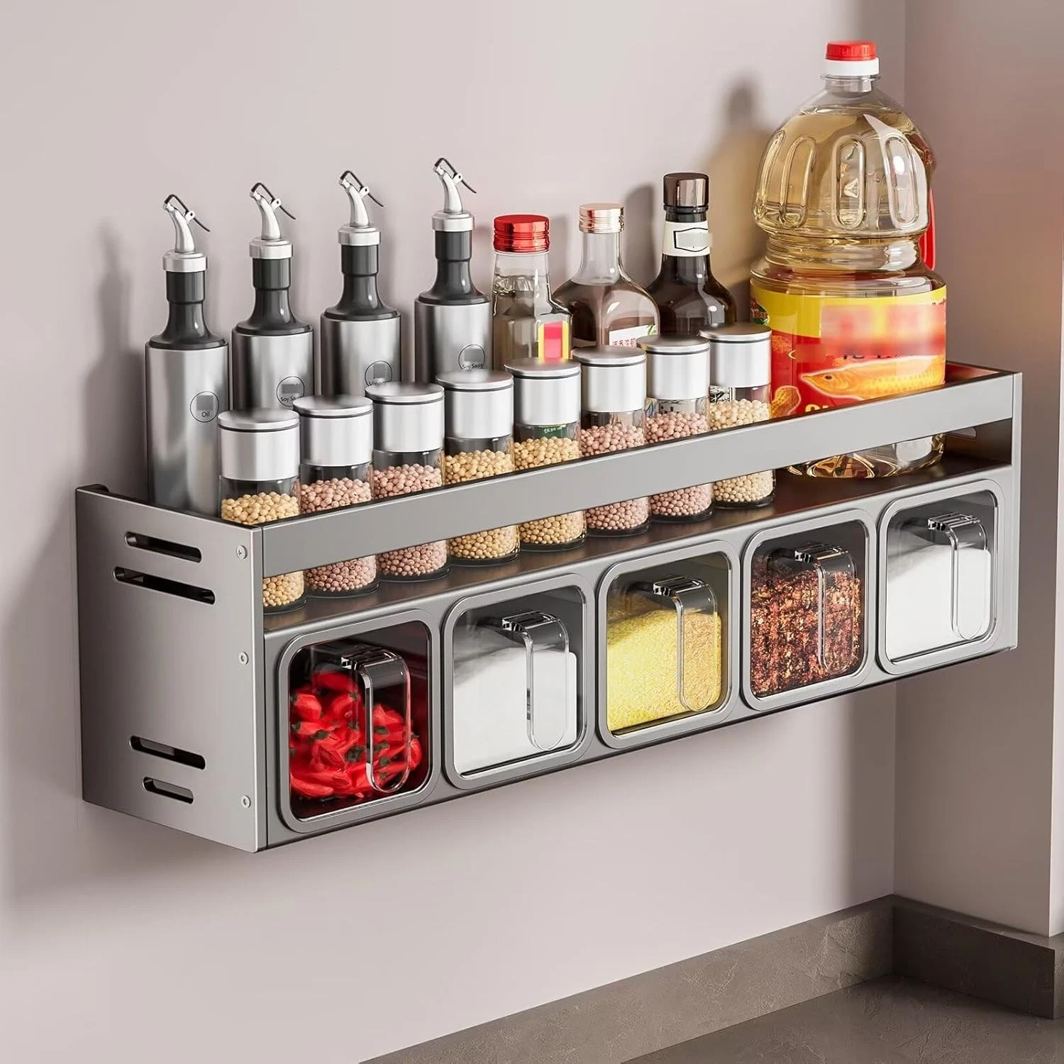 Hanging Spice Rack w/5 Jars, Wall, Standing, Shelf for Kitchen, Worktop, Cabinet