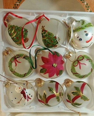 Set 9 Krebs Hand Painted~Decorated Xmas Ornaments In Box See