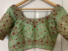 Women's Choli Blouse Green Embroidered Silk Blend Silk Fabric One Size