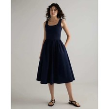 Quince Navy Cotton Mixed Media Tank Midi Dress Small NWT Ribbed Bodice Pockets
