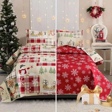 Christmas Quilts Set Queen Size Reversible Xmas Bedding Rustic Lodge Quilt Plaid