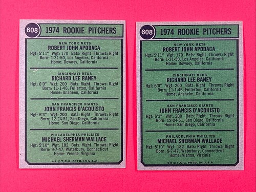 (2) 1974 Topps Rookie Pitchers "Apodaco" Error & Corrected Baseball Cards #608 - Picture 4 of 6