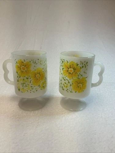 Set Of 2 Anchor Hocking Vintage Fire King Footed Mug with Yellow Flowers.  0505