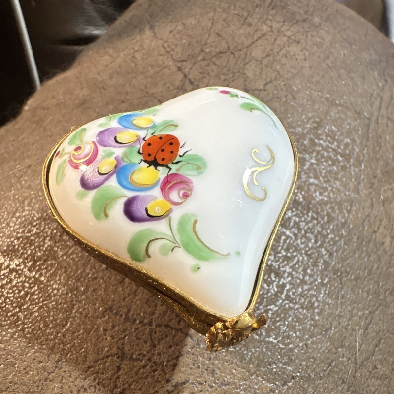 Limoges France Porcelain Trinket Box Heart Shape With Painted Ladybug