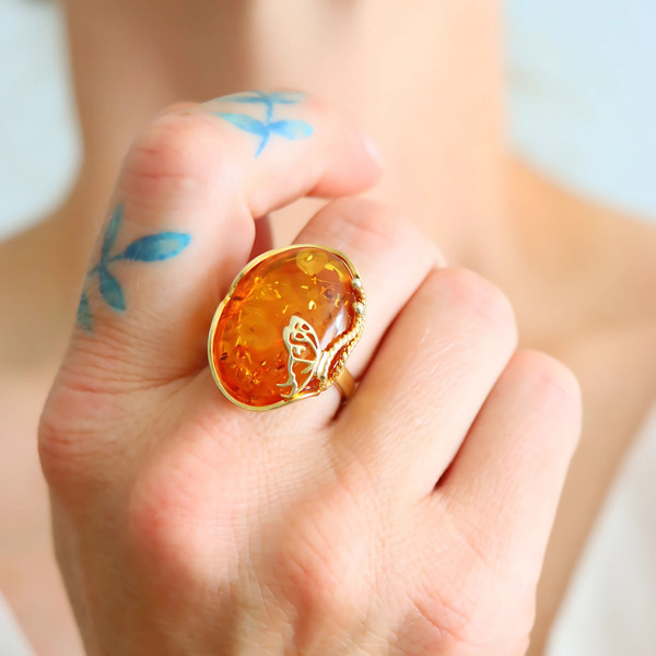 Alternate view of Baltic Cognac Amber Butterfly Ring 14k Gold Plated Sterling Silver Adjustable