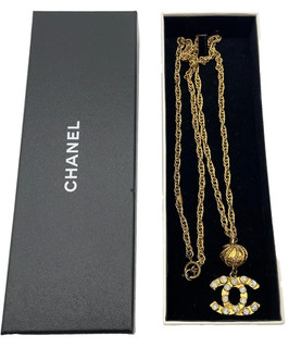 Auth Chanel Coco Mark Rhinestone Ball Gold Engraved Necklace W/Box SK020133