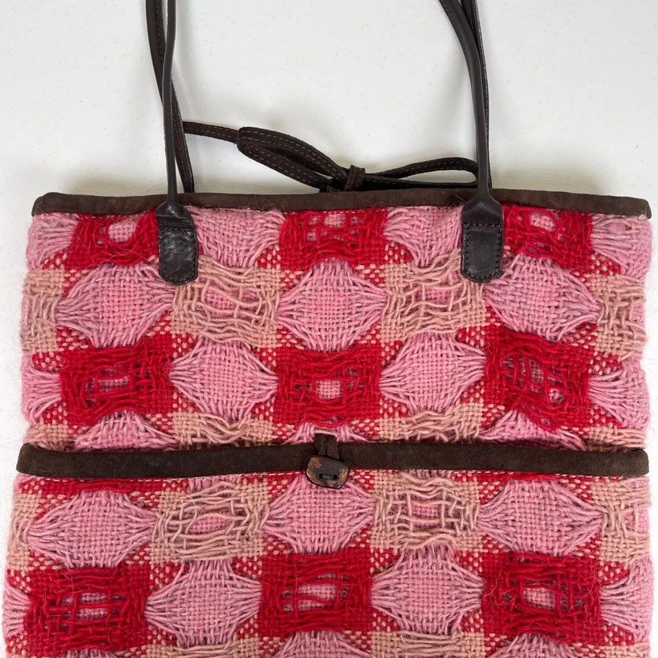 Maria La Rosa Woven Tote Shoulder Bag Leather Trim Red Pink Italy Y2K Boho - Image 2 of 4