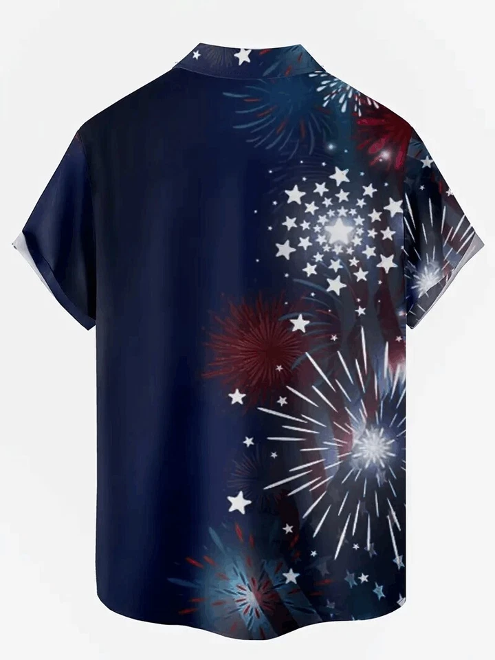 Patriotic Firework & American Flag 翻领纽扣夏威夷衬衫 — 第 2/3 张图片
